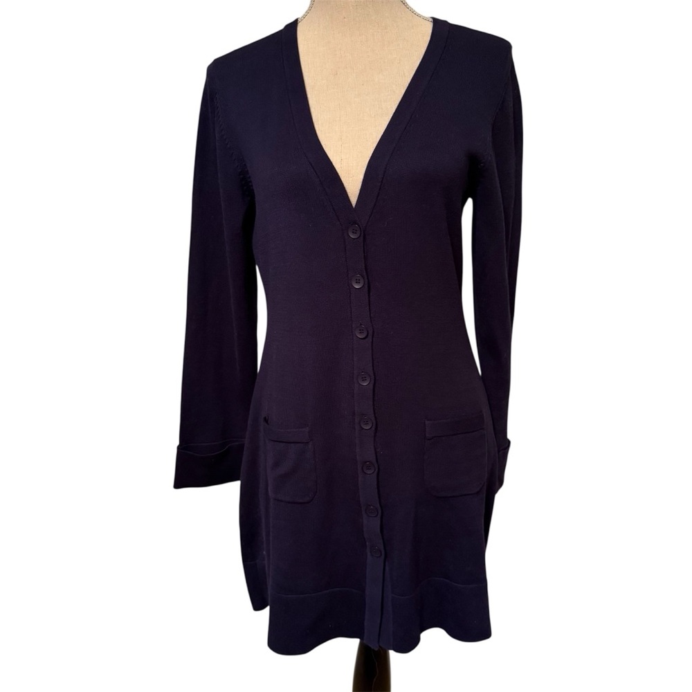 ANNE FONTAINE SWEATER CARDIGAN NAVY BLUE V-NECK BUTTONS POCKETS Size 40/8